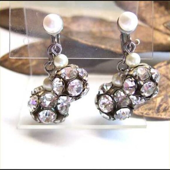 1950s Art Deco Rhinestone Orbs Pearl Vintage Clip Earrings - Picture 1 of 6